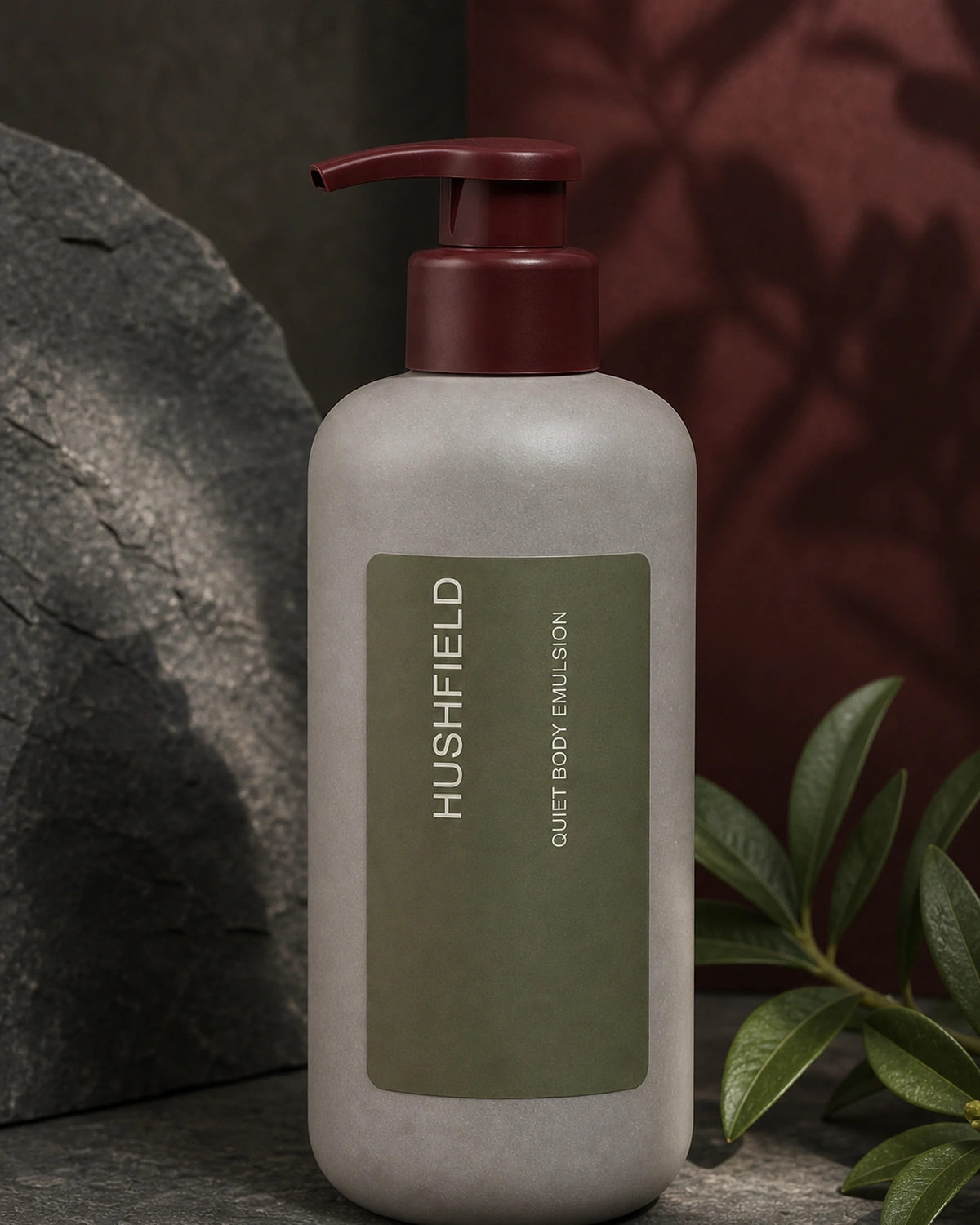 버건디 펌프와 리프 그린 라벨이 있는 QUIET BODY EMULSION 병