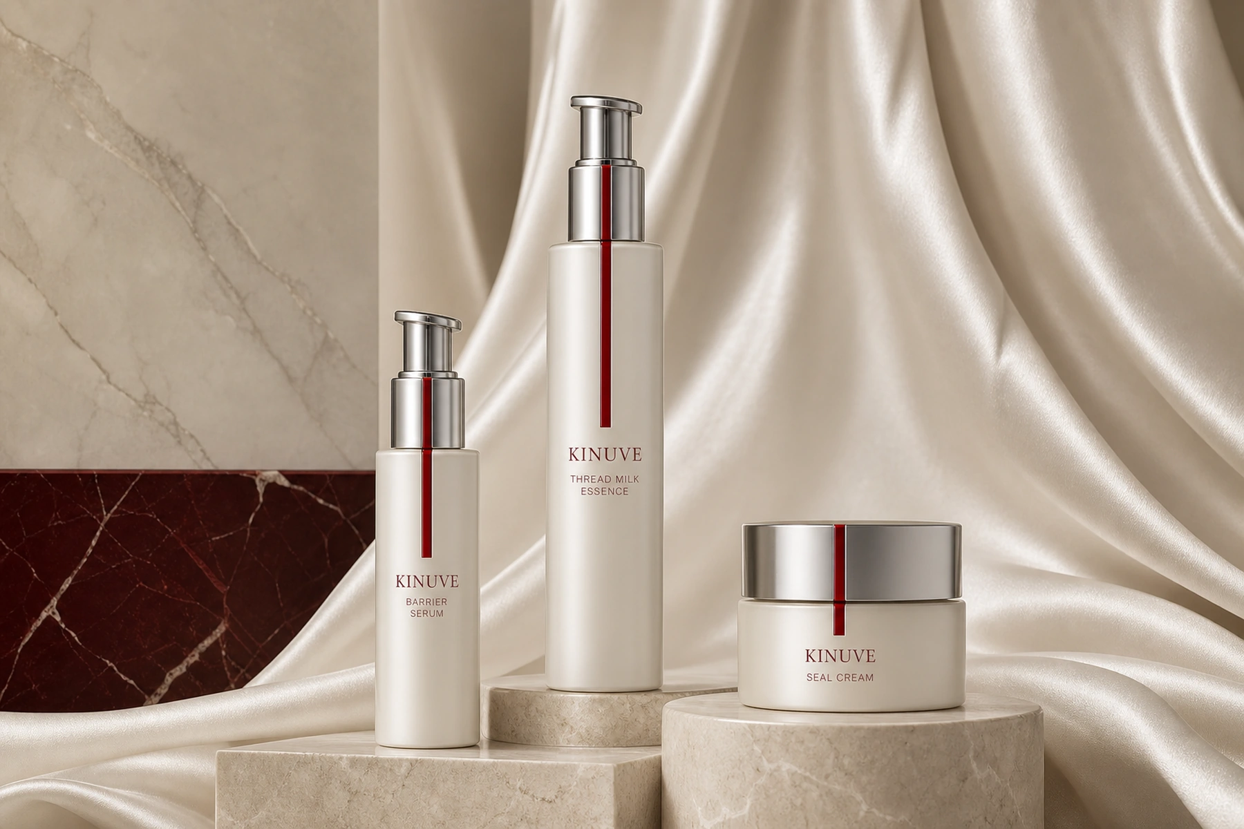 KINUVE ivory skincare lineup on silk and stone