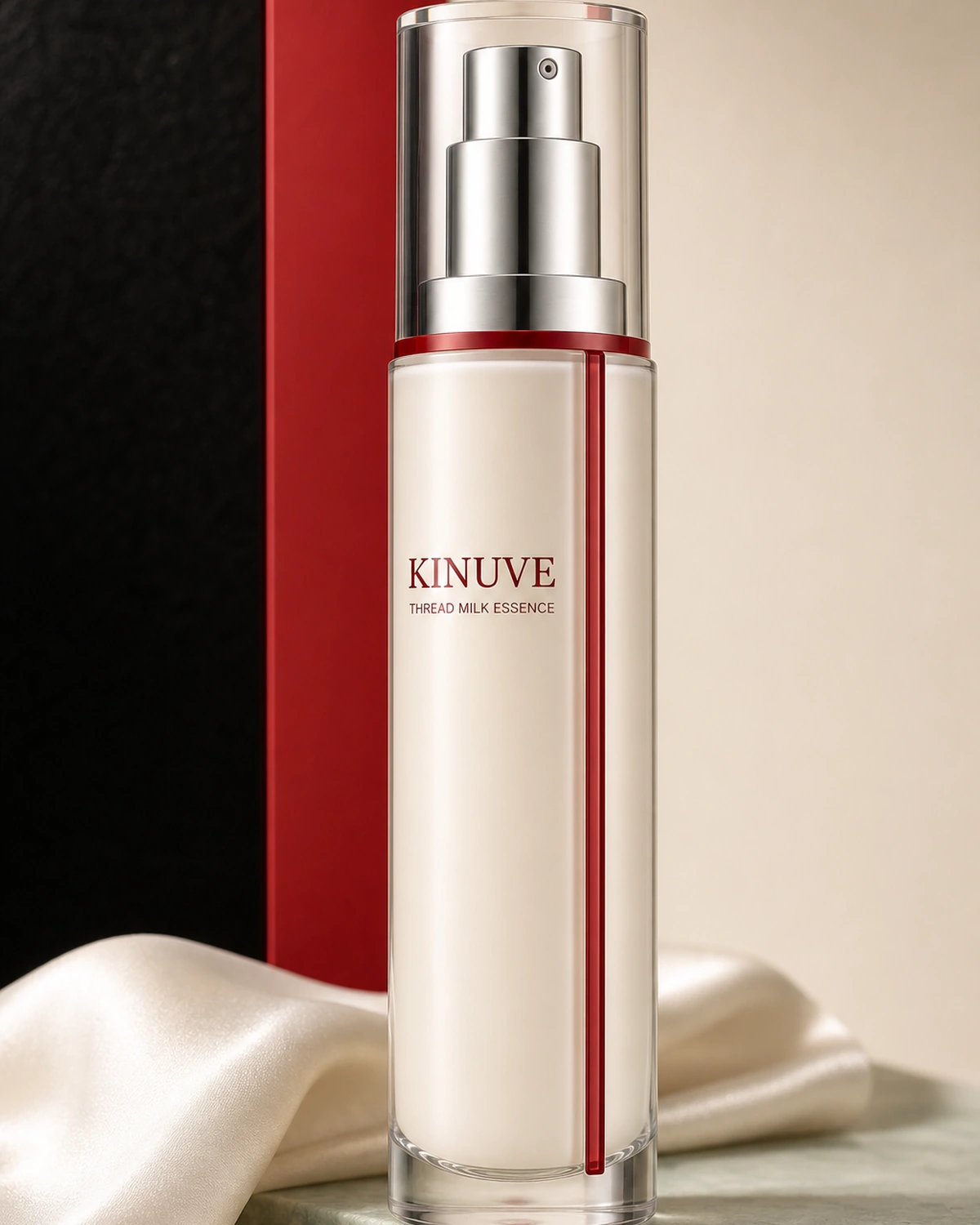 Thread Milk Essence frosted ivory pump bottle with lacquer red seam