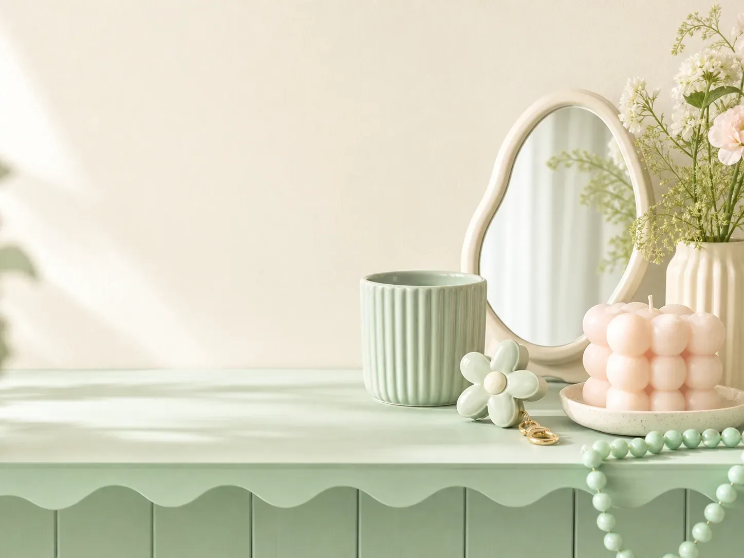 Mint shelf styling with mirror, cup, candle, and beads