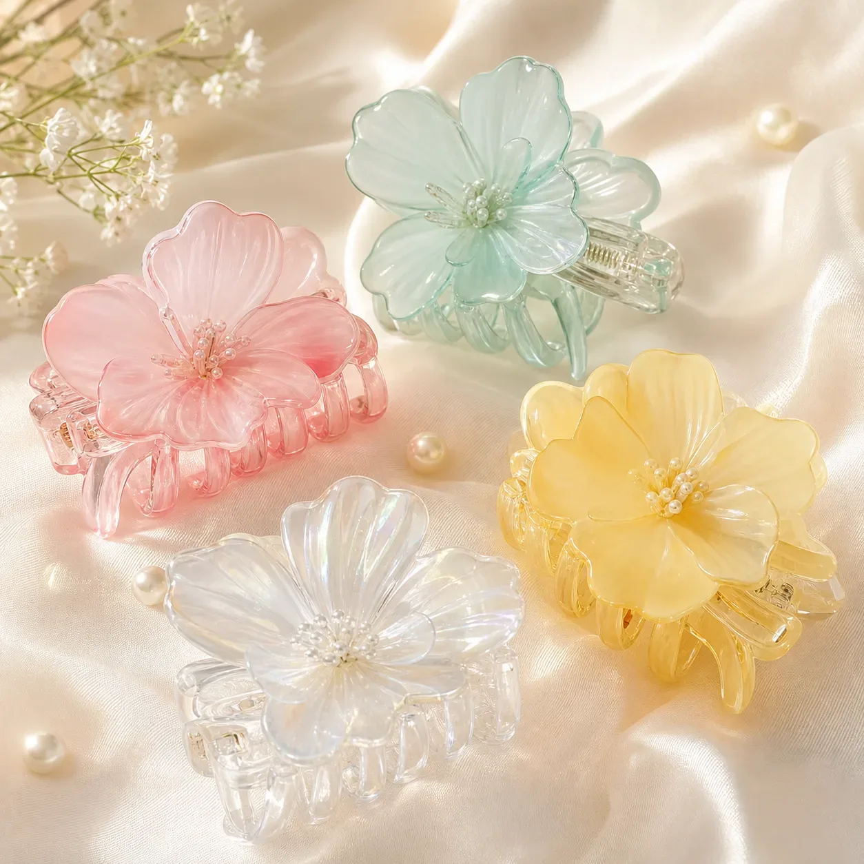 Pastel translucent flower hair clips