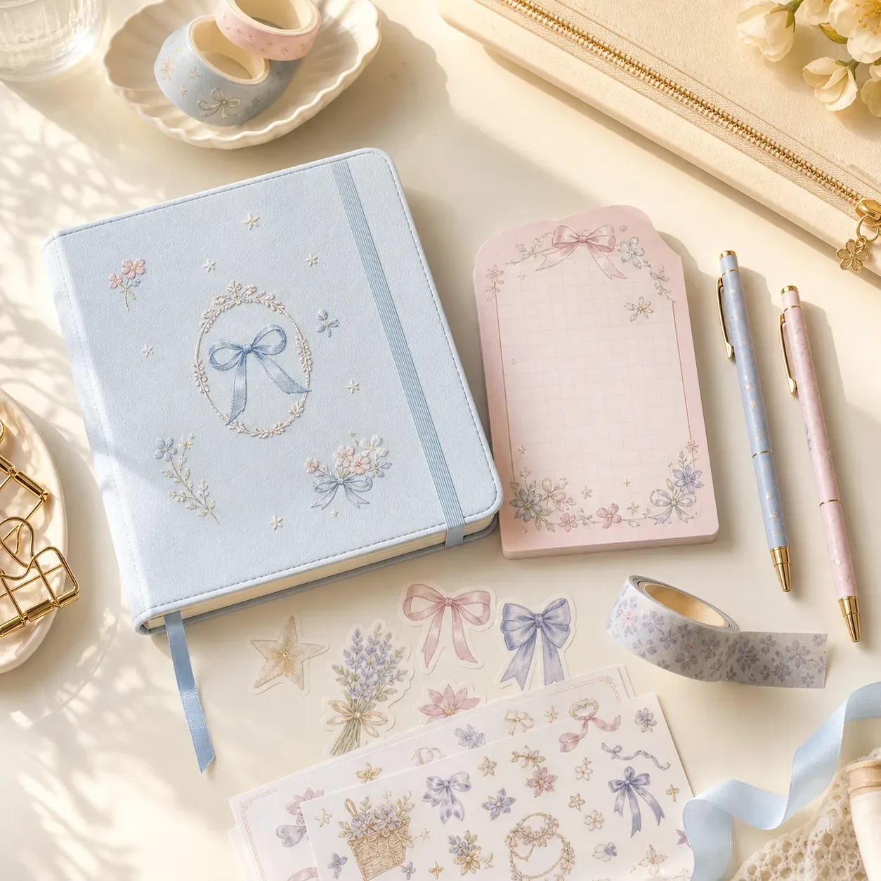 Pastel notebook, memo pad, stickers, pens, and washi tape