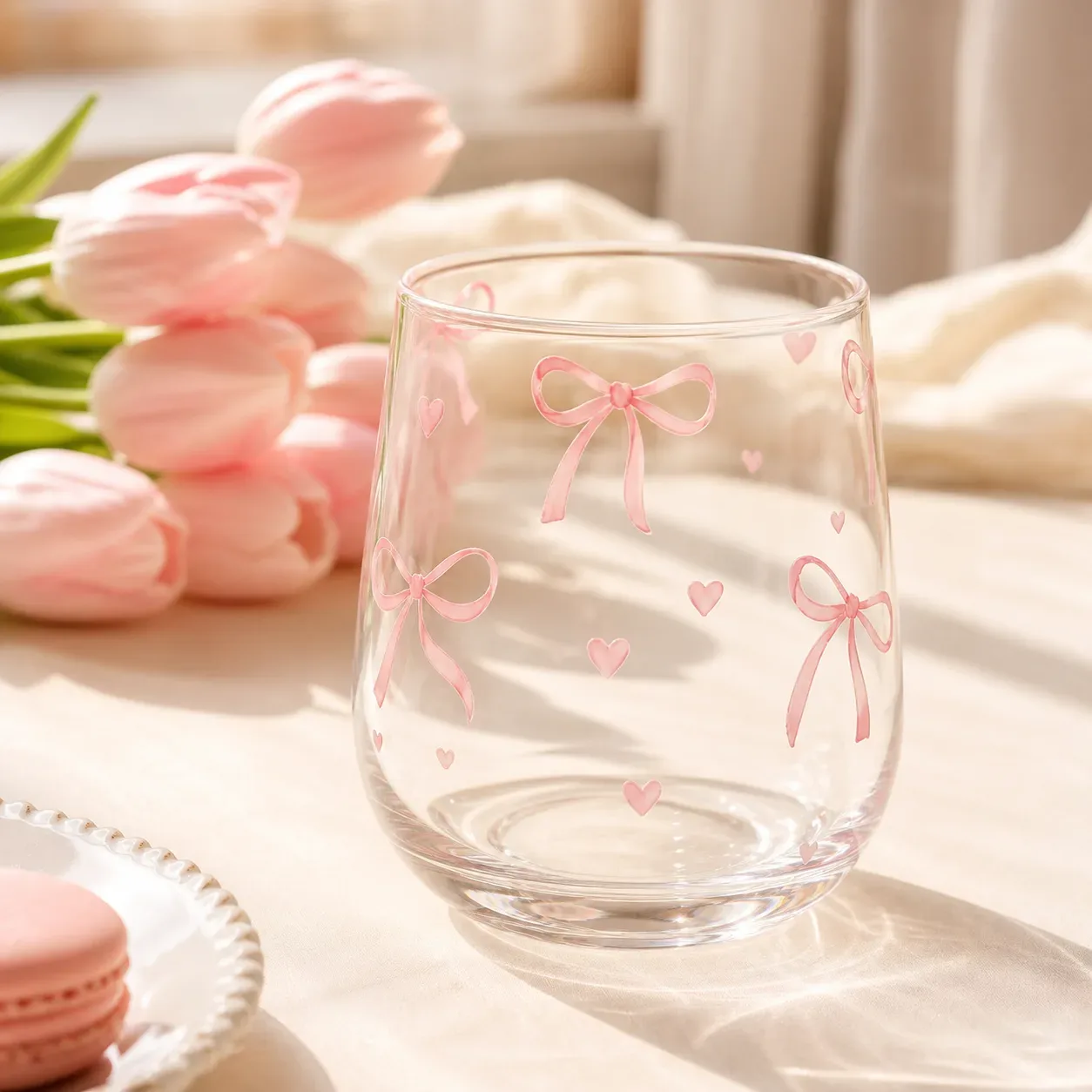 Clear glass cup with soft pink ribbon and heart motifs