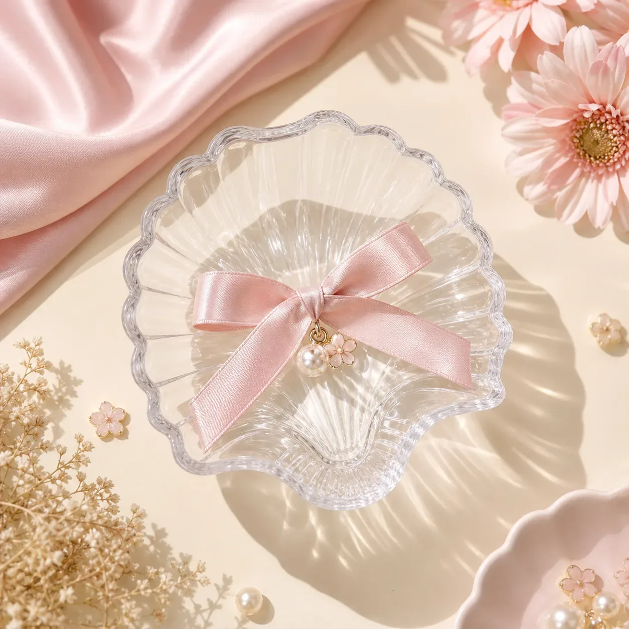 Clear shell glass tray with pink ribbon charm