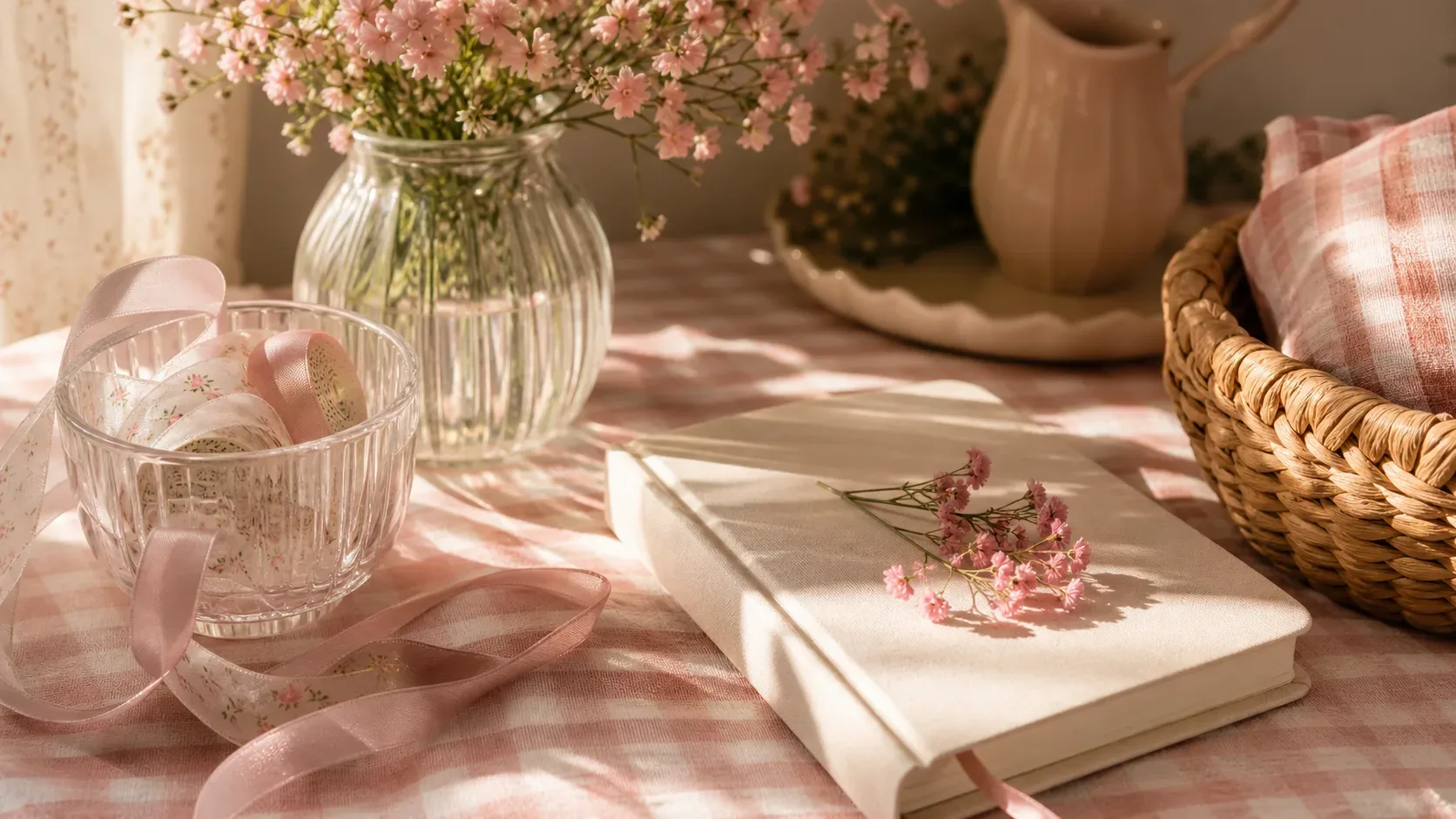 Warm table with gingham fabric, flowers, ribbon, notebook, and basket