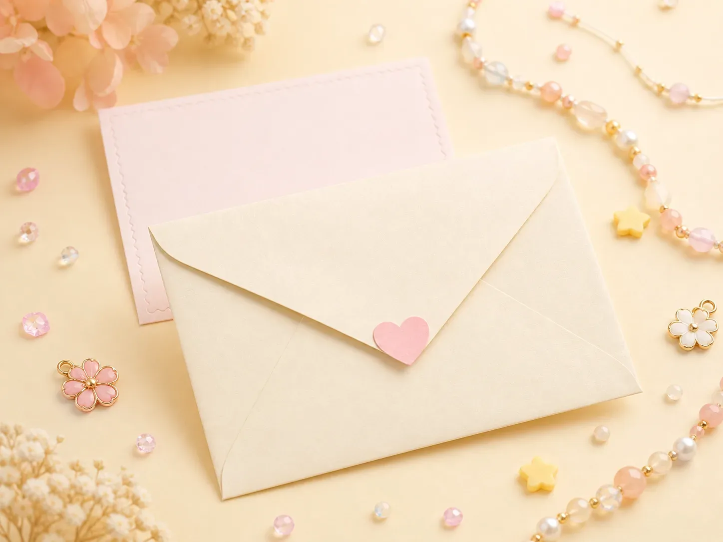 Cream envelope with pink heart and pastel charms