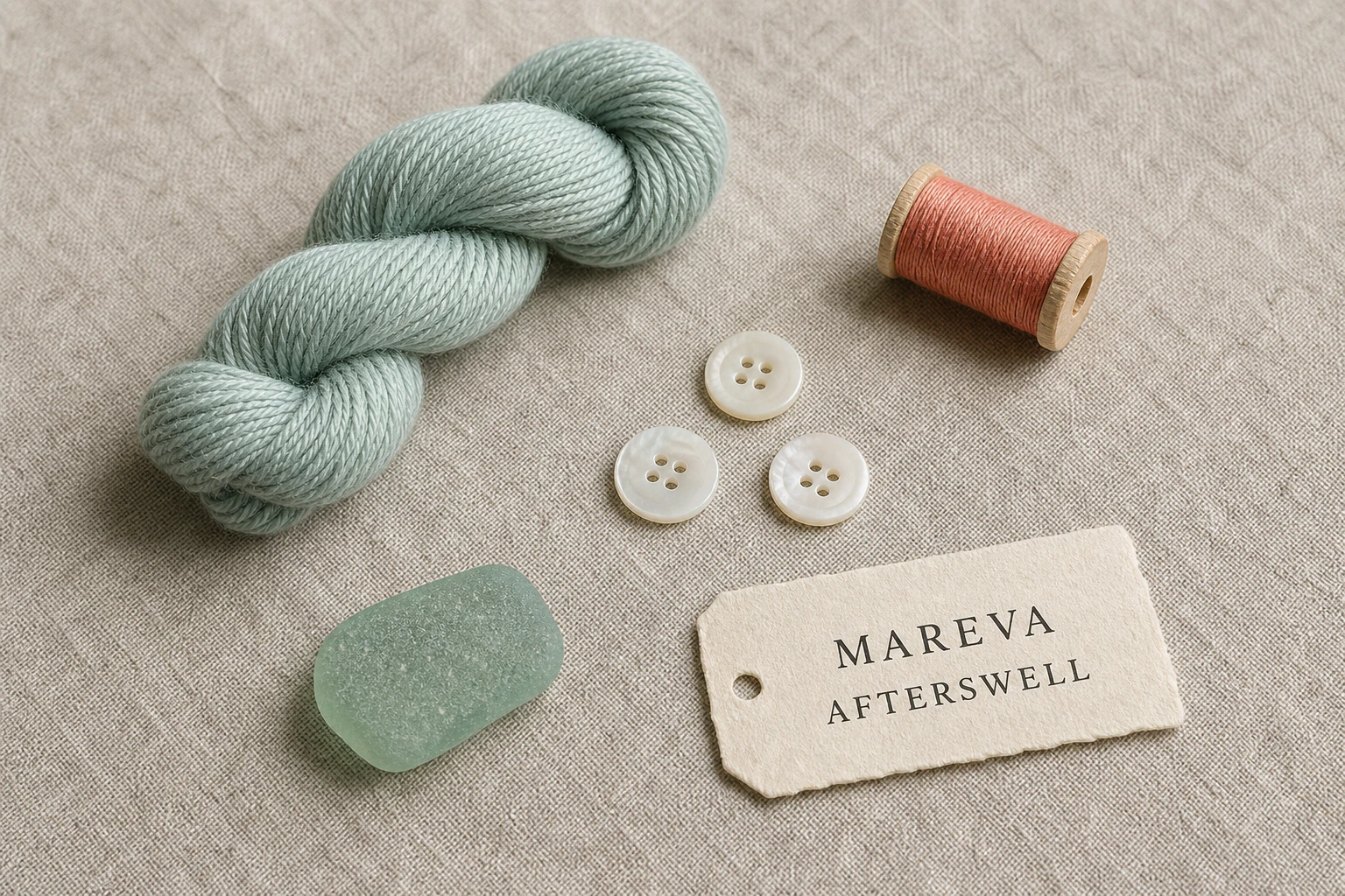 MAREVA AFTERSWELL 태그, 씨글라스 실, 코럴 실, 자개 단추 정물
