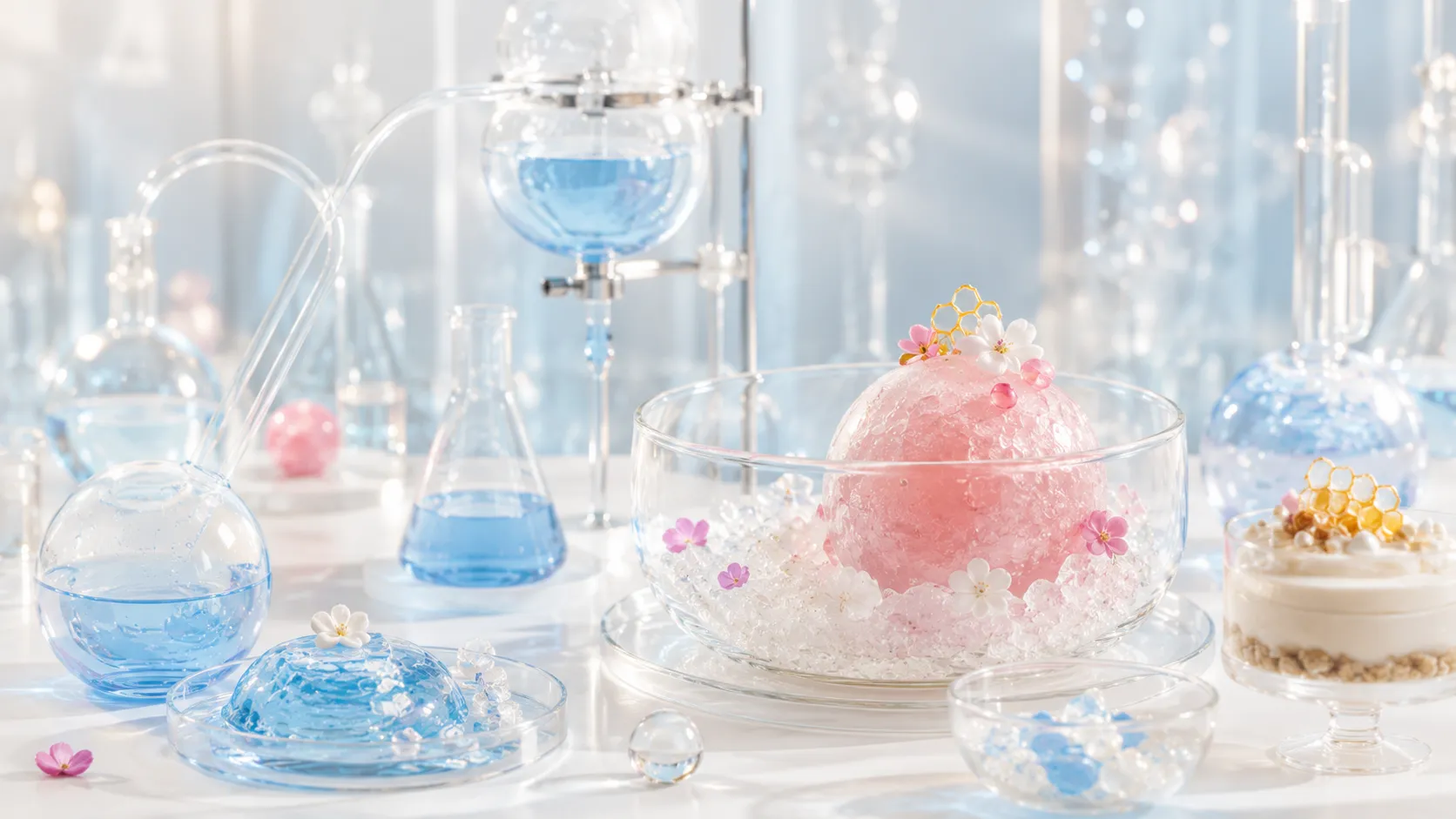 A bright dessert laboratory with glassware, blue liquid, and pastel experimental desserts