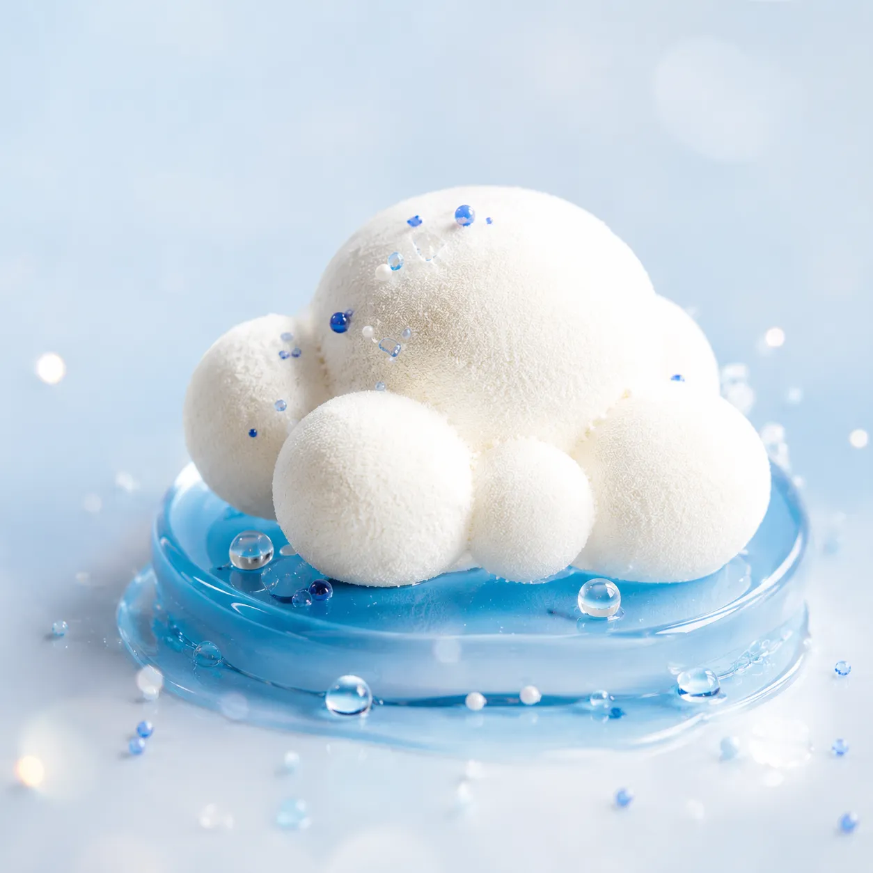 Dream Puff white cloud-like dessert on a blue plate