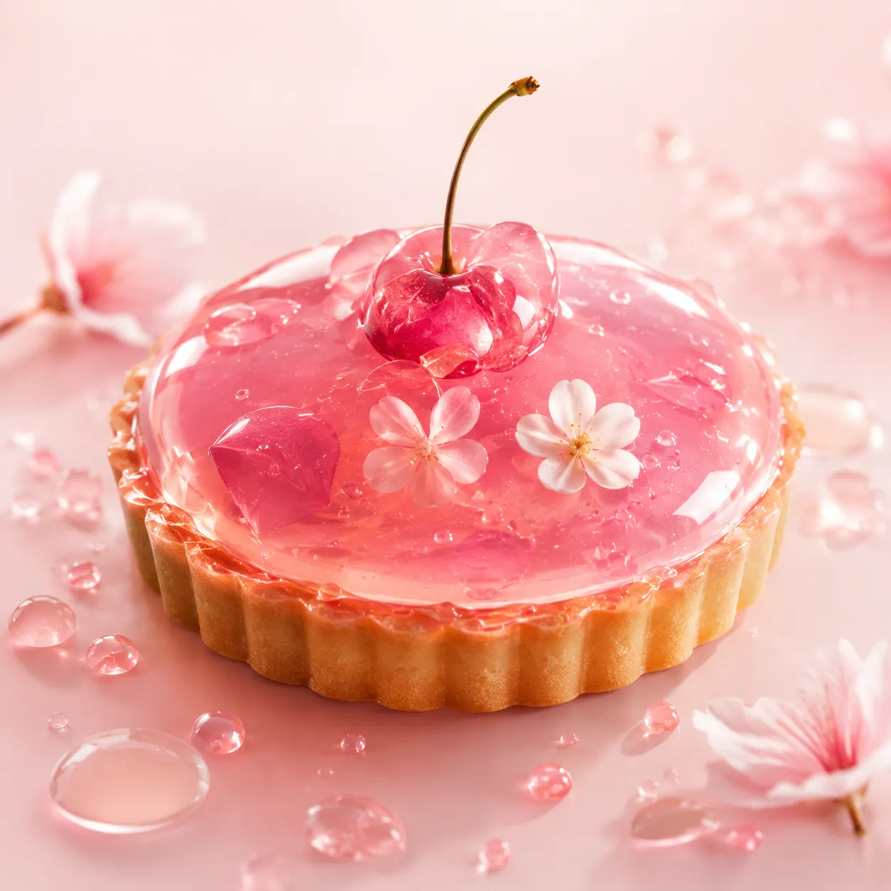 Pink glossy tart with a cherry and flowers