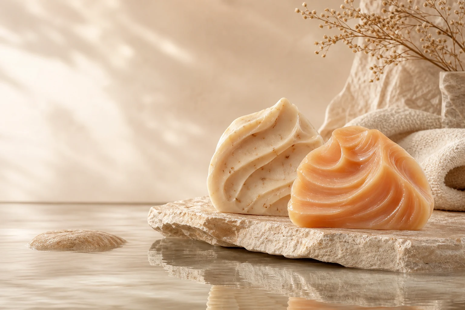 Two sculptural MOLT SOAP bars on a stone pedestal with soft water reflections