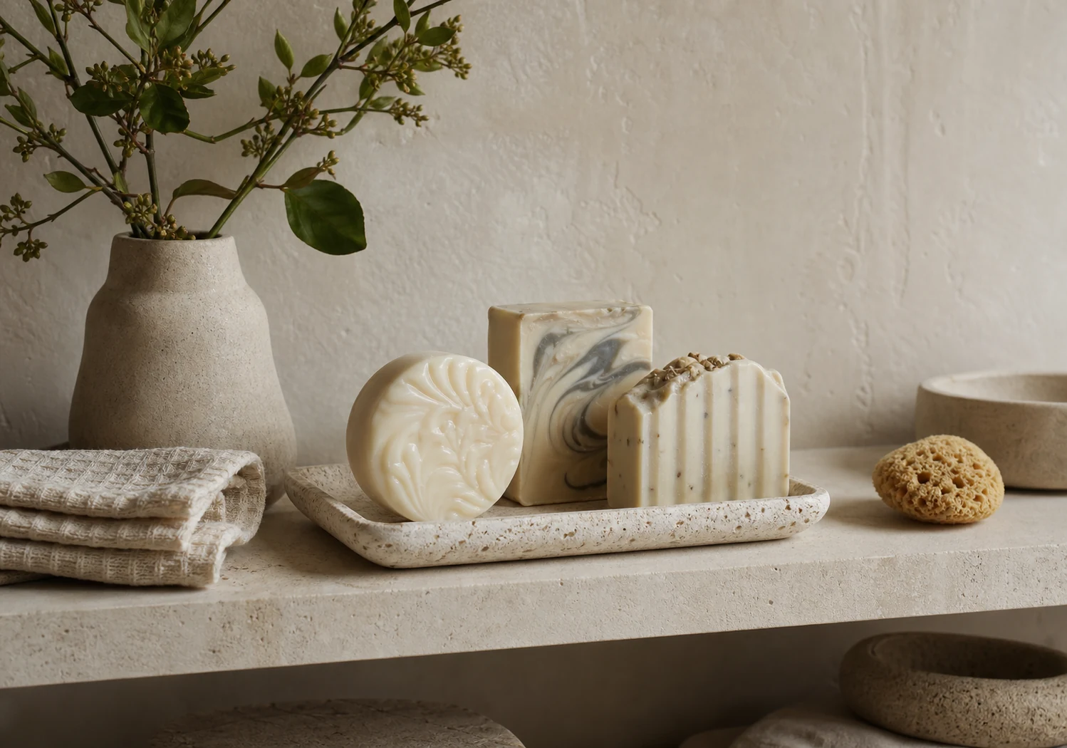 Soap set on bathroom shelf
