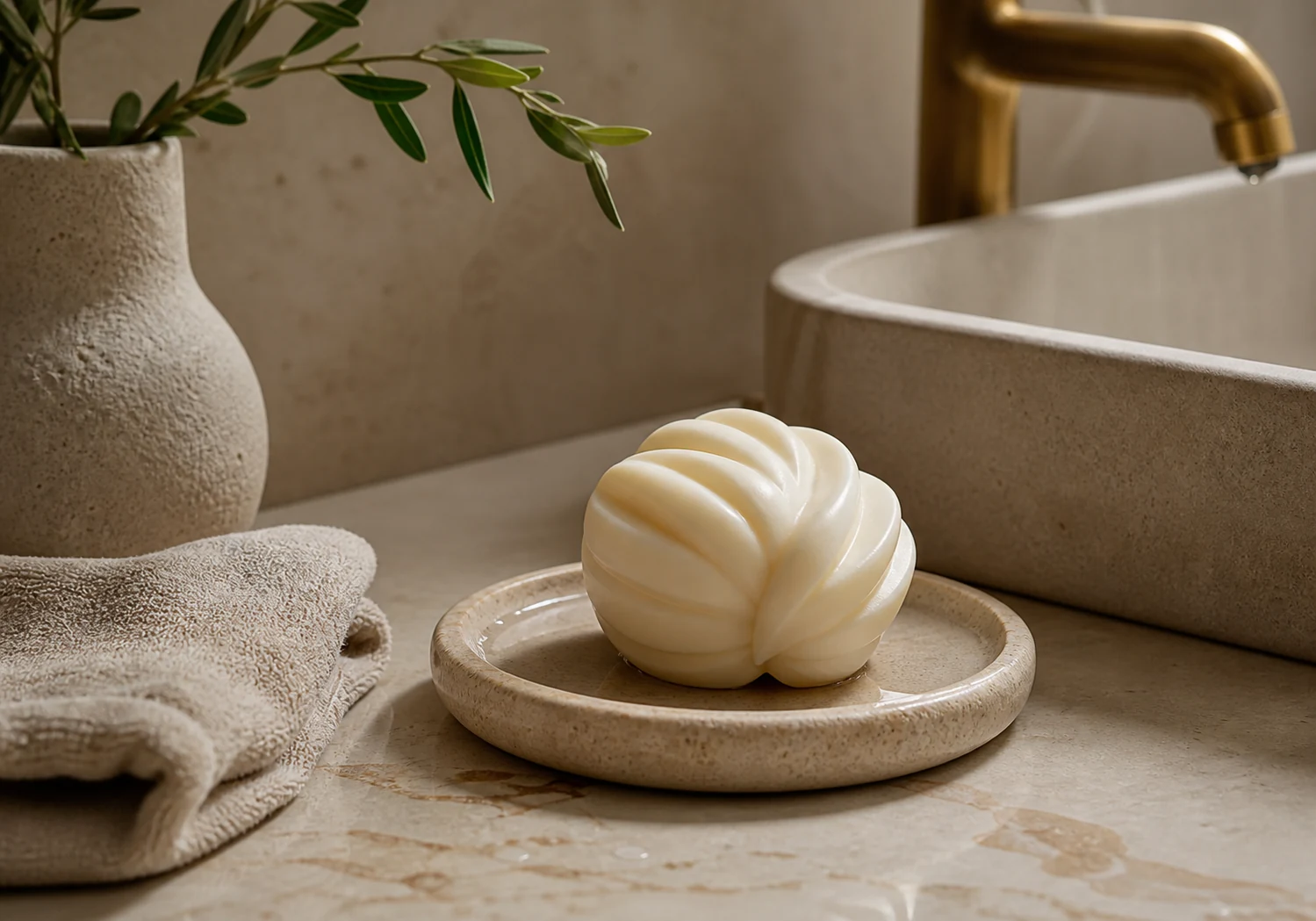 Sculptural soap beside a quiet sink with towel and stone tray