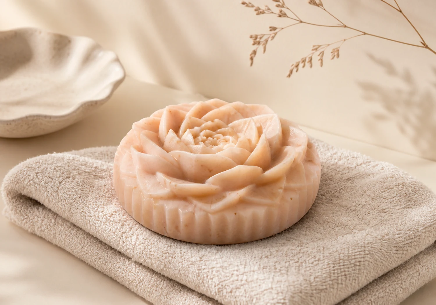 Apricot soap on a folded towel