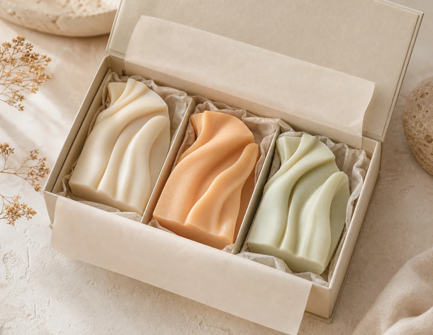 Open gift box with three sculptural soaps