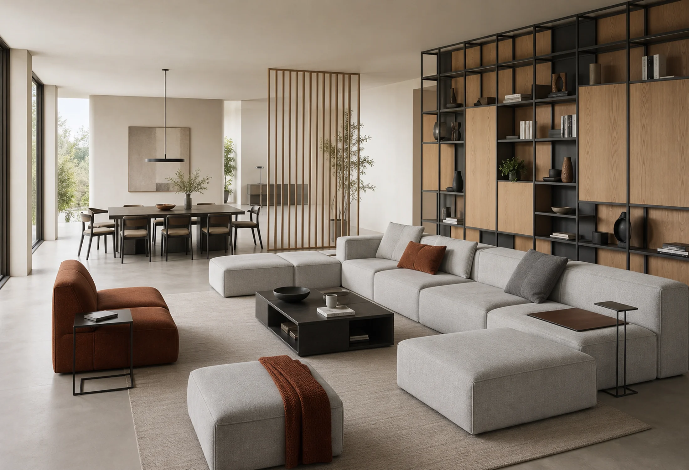 Open-plan living space with reconfigurable MORPH HABITAT modular sofa, shelving, table, and room divider