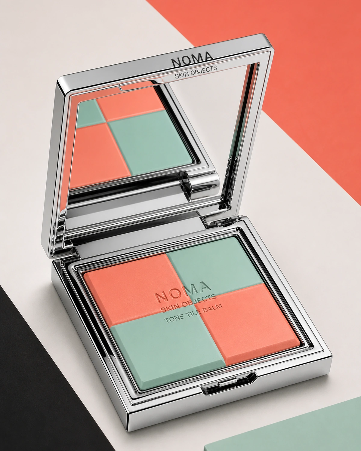 NOMA TONE TILE BALM chrome square compact with coral and mint tiles