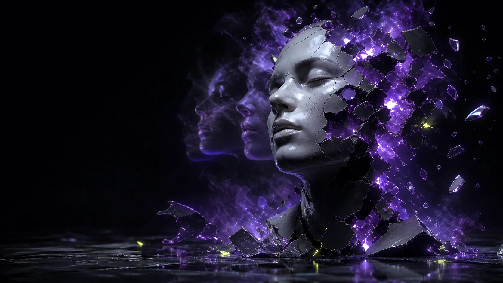Fragmented face dissolving into violet glass and smoke