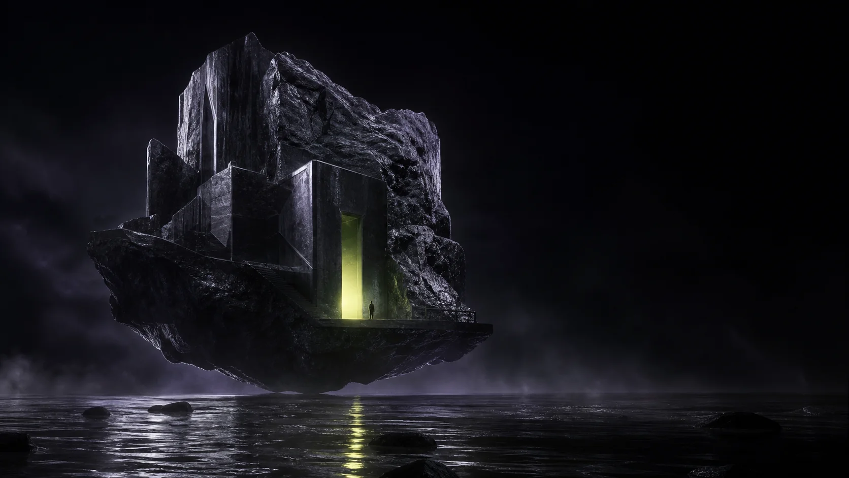 Floating black stone museum with a glowing doorway over dark water