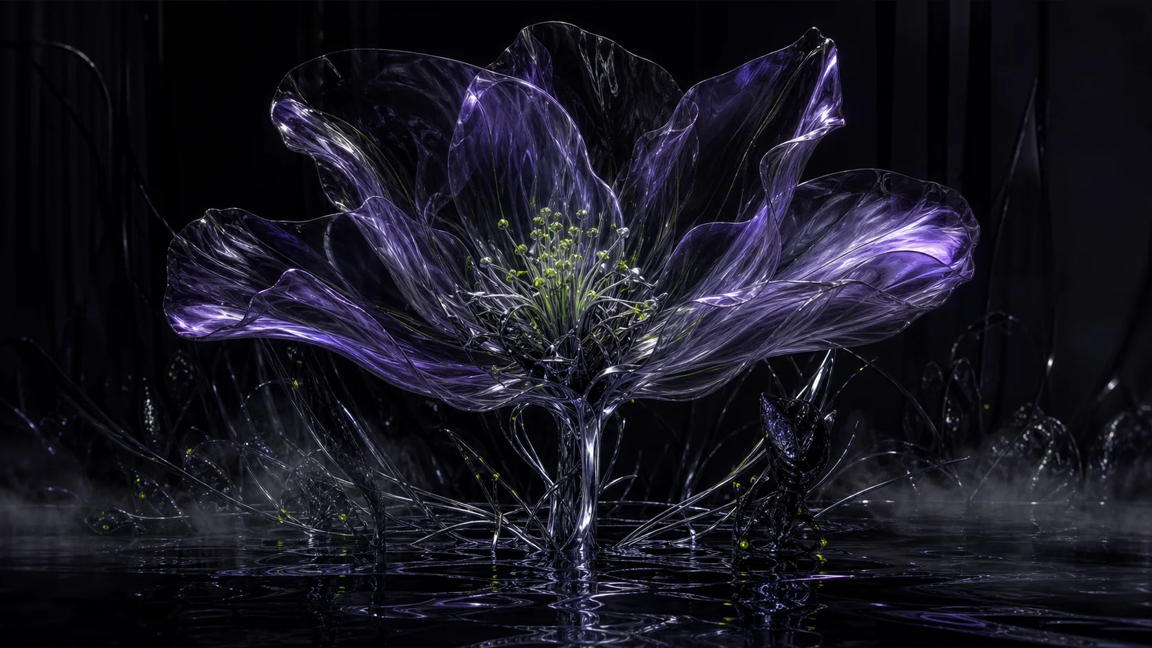 A translucent violet flower over black reflective water