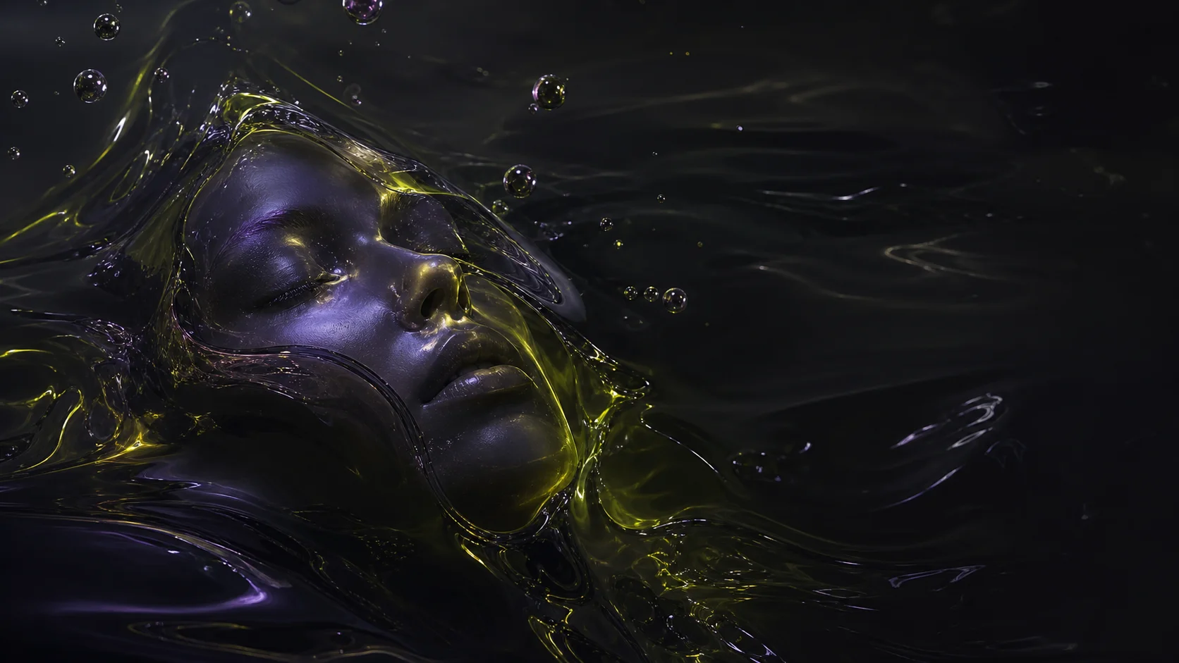 A sleeping face submerged in dark glossy liquid with lime and violet reflections