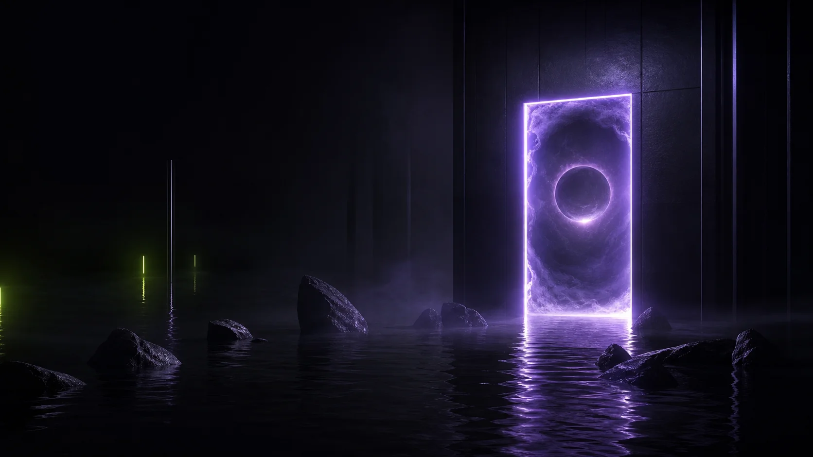 Violet portal glowing over dark water in a black room