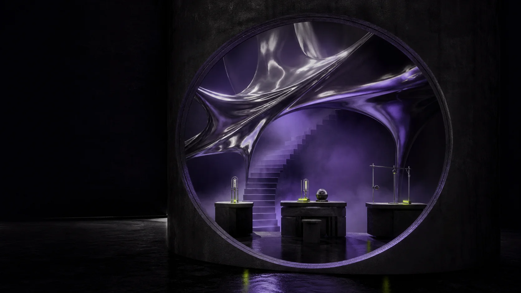 Dark circular studio lab with chrome membrane and violet fog