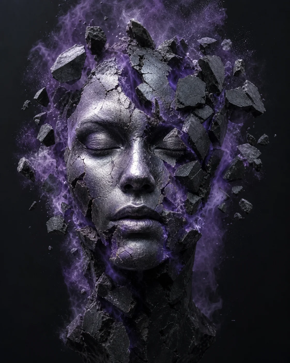 Sculptural face breaking into dark fragments