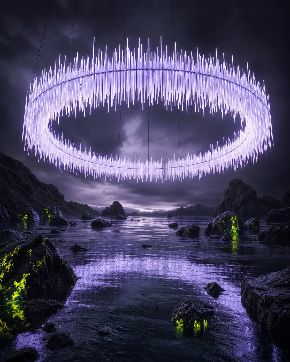 Luminous circular installation above dark water