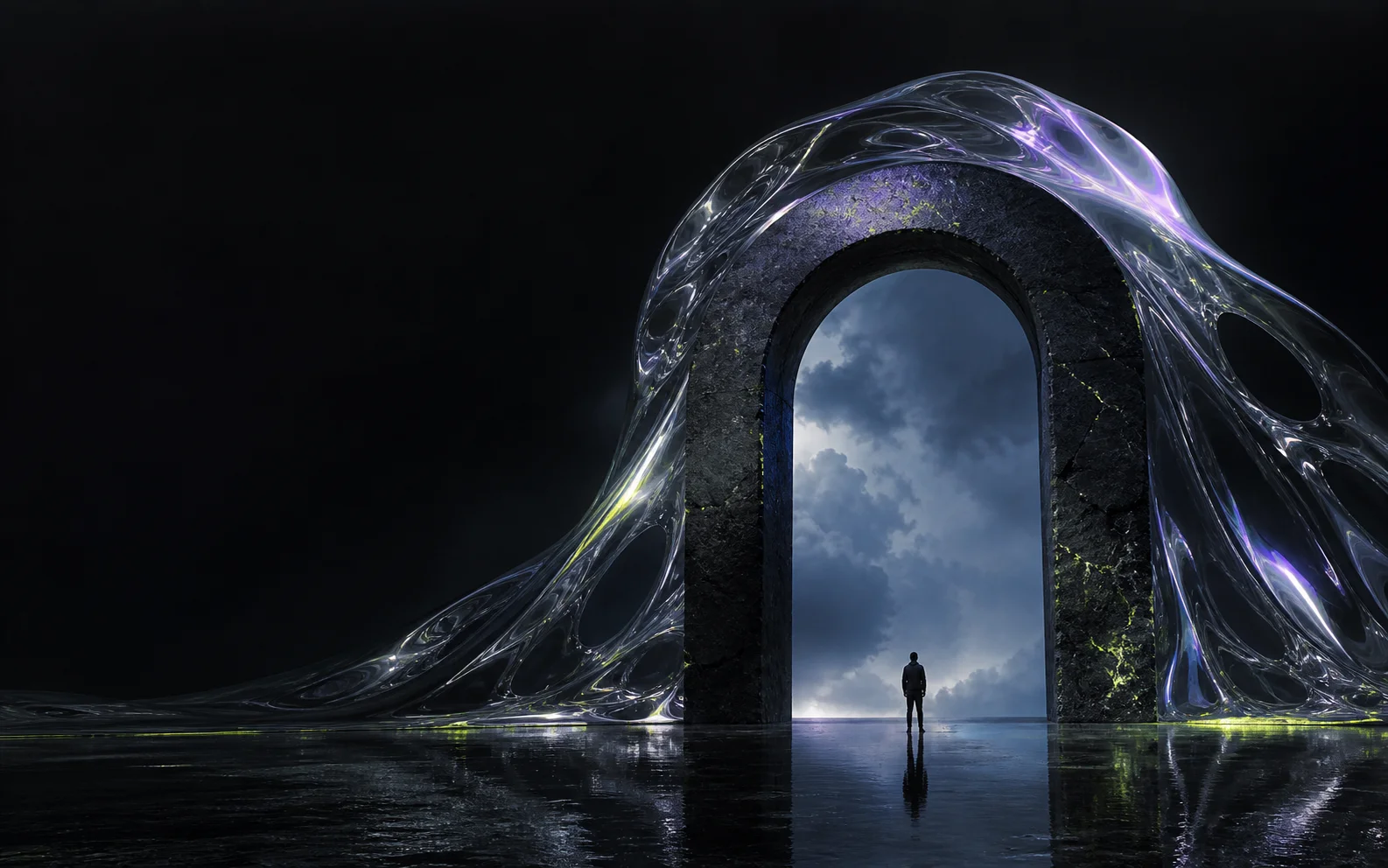 A small figure standing inside a monumental stone arch beneath a chrome membrane