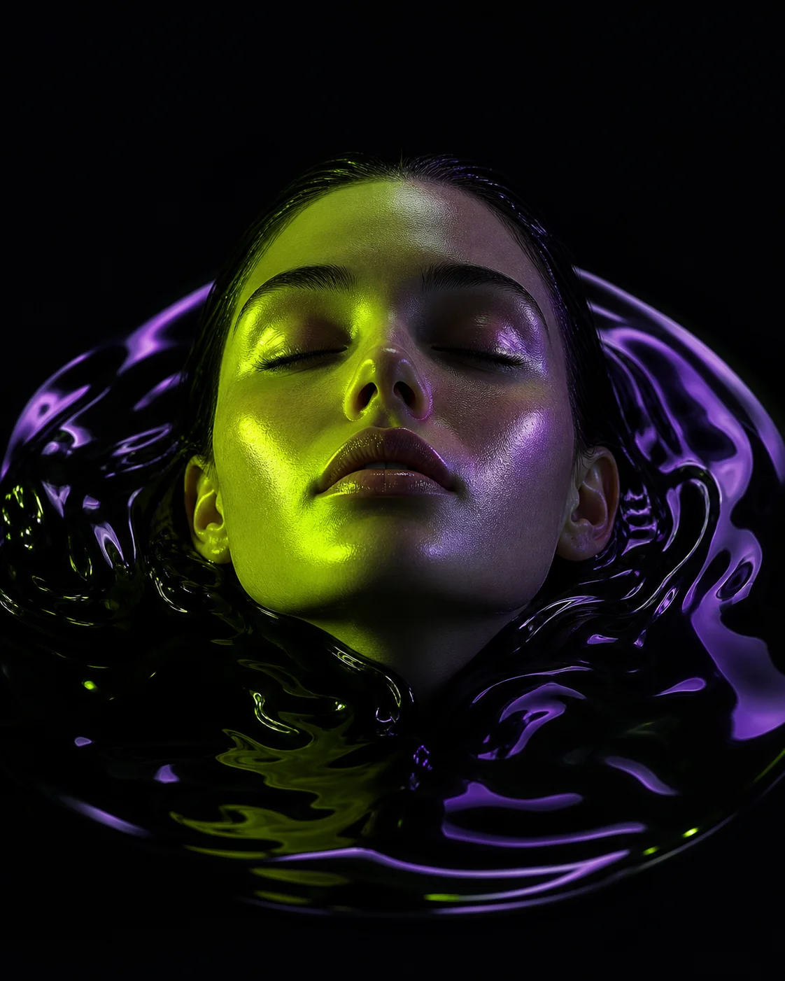 A serene face emerging from glossy black liquid under lime light