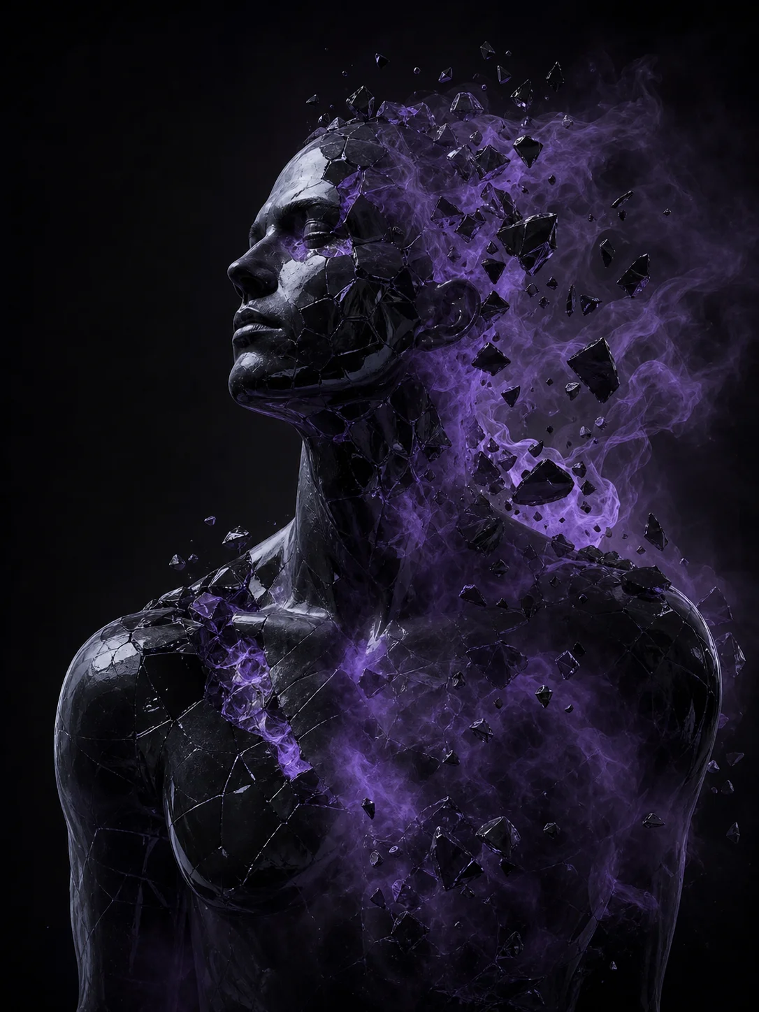 A human form dissolving into violet fragments