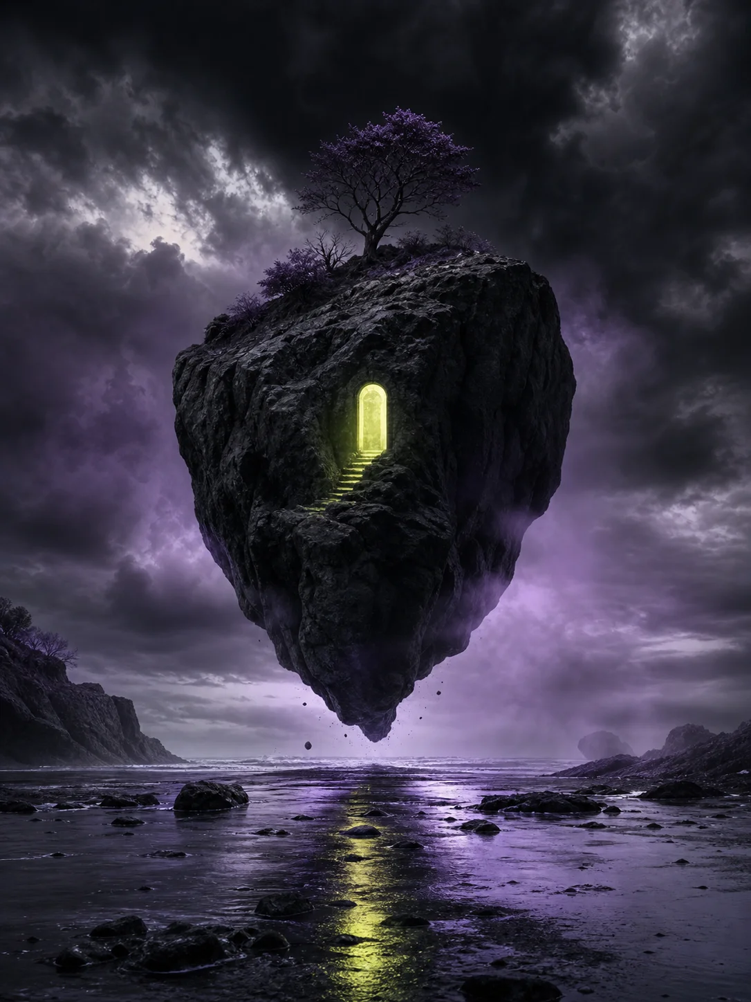 Floating dark rock with a glowing doorway