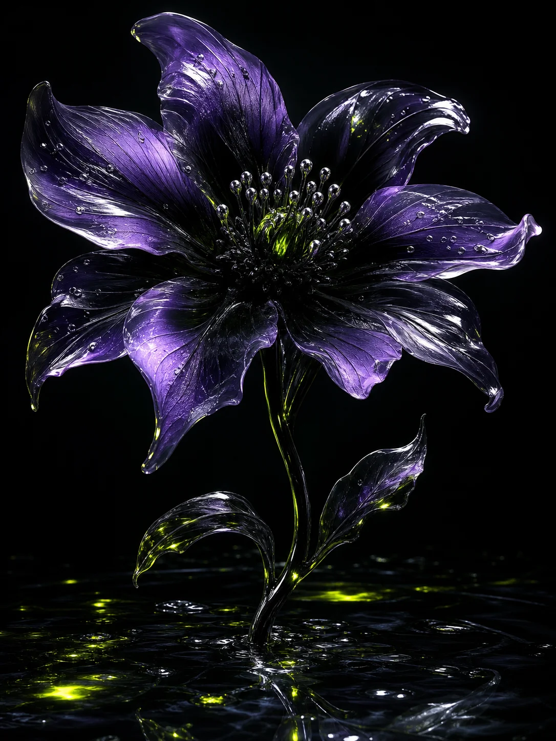 A translucent violet flower floating in darkness