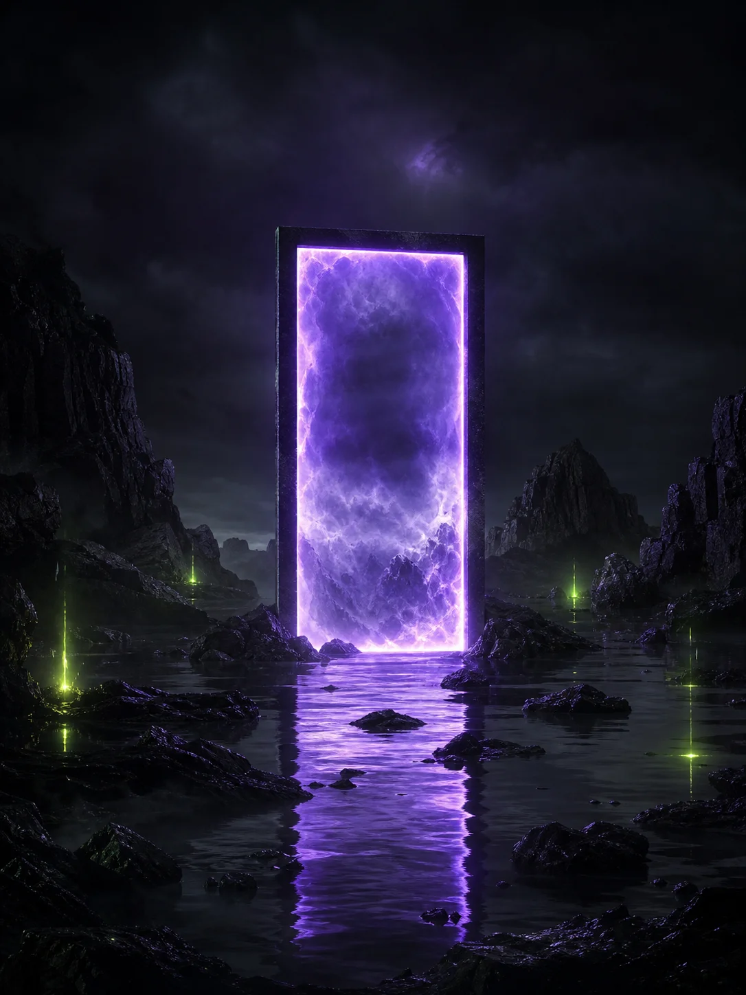 A glowing violet portal reflected on dark water