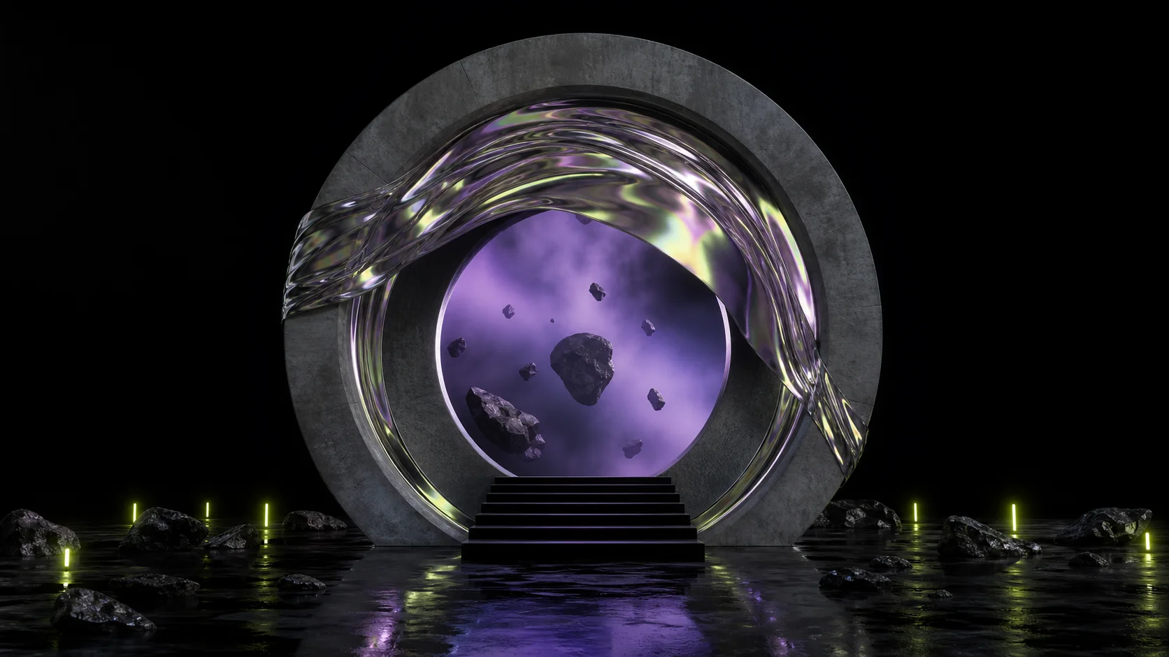 Circular concrete frame with stairs leading into violet mist