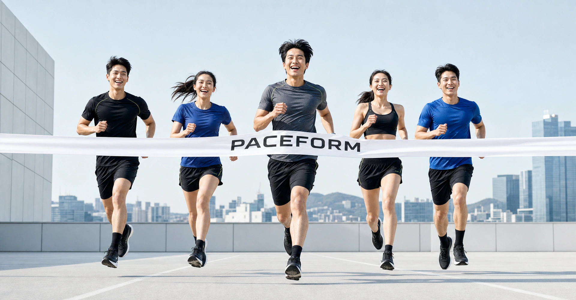 PACEFORM 피니시 테이프를 함께 통과하는 러닝 크루