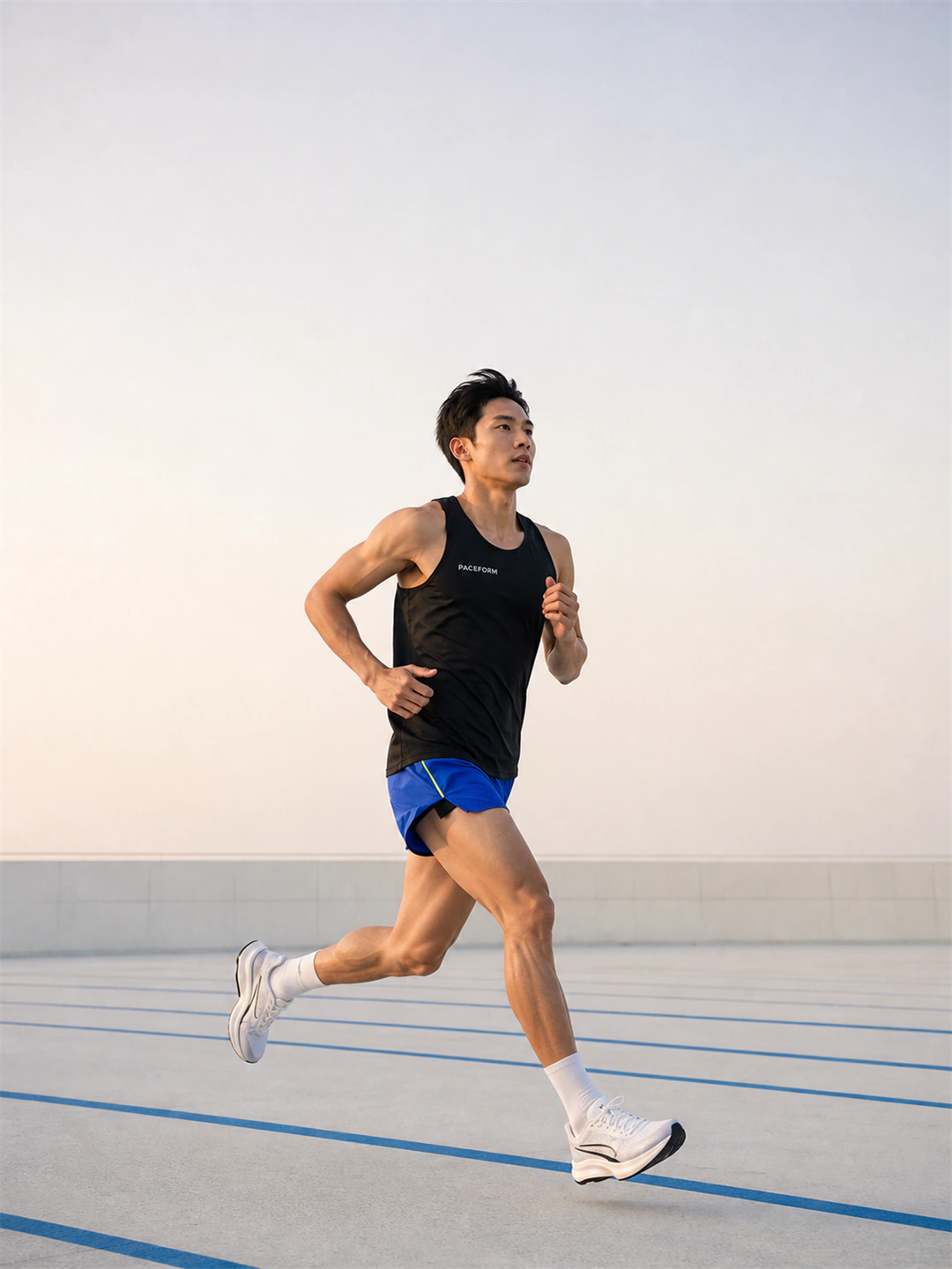 PACEFORM VECTOR 싱글릿을 입고 옥상 트랙을 달리는 러너
