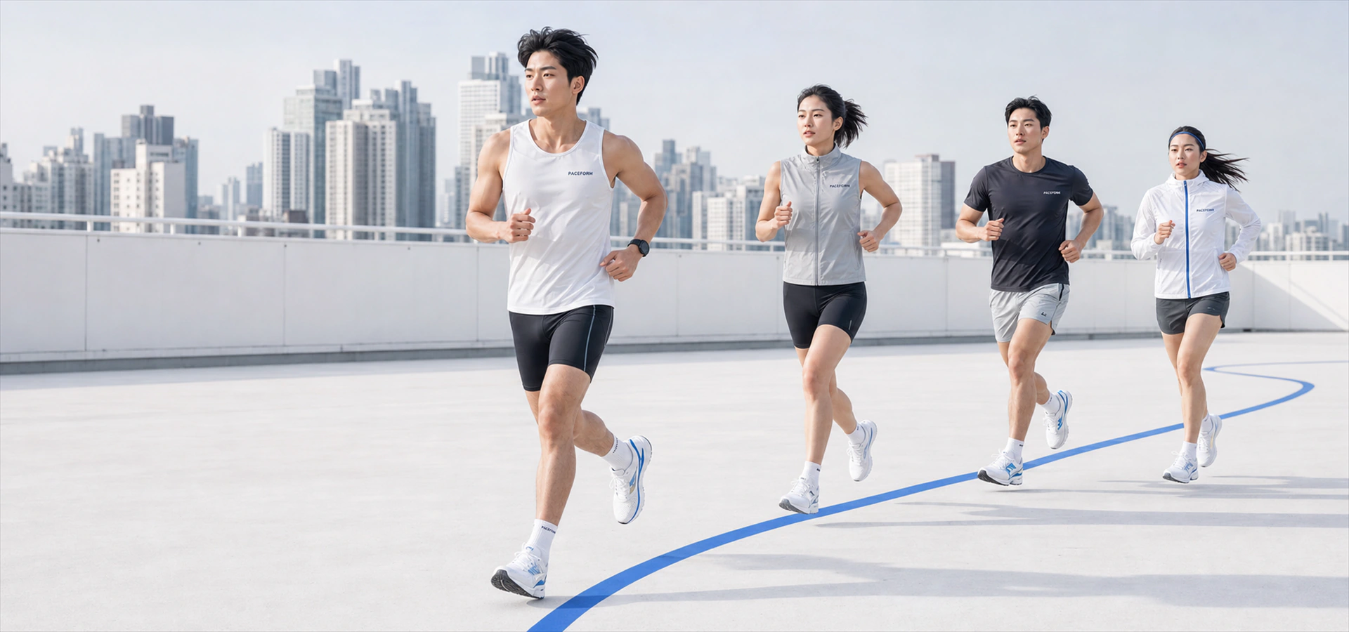 흰 옥상 트랙에서 훈련하는 PACEFORM 러닝 크루
