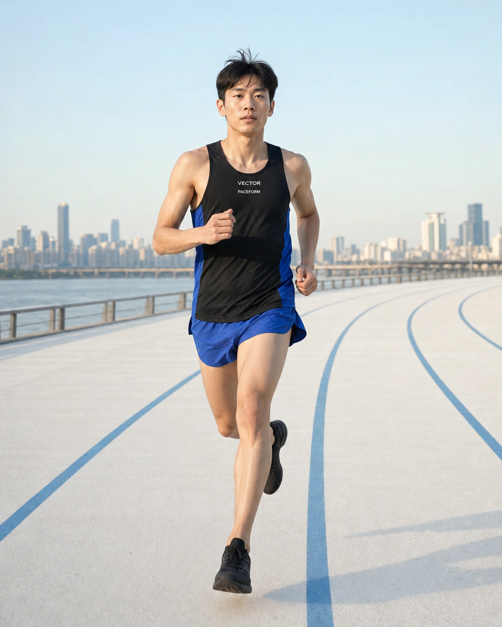 VECTOR 싱글릿을 입은 러너의 전신 룩