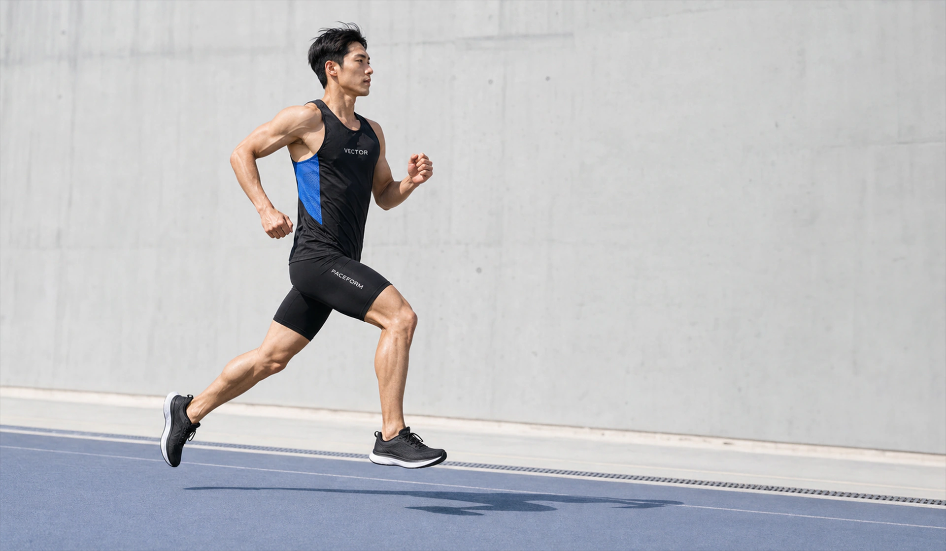 VECTOR 싱글릿을 입고 흰 트랙을 달리는 러너
