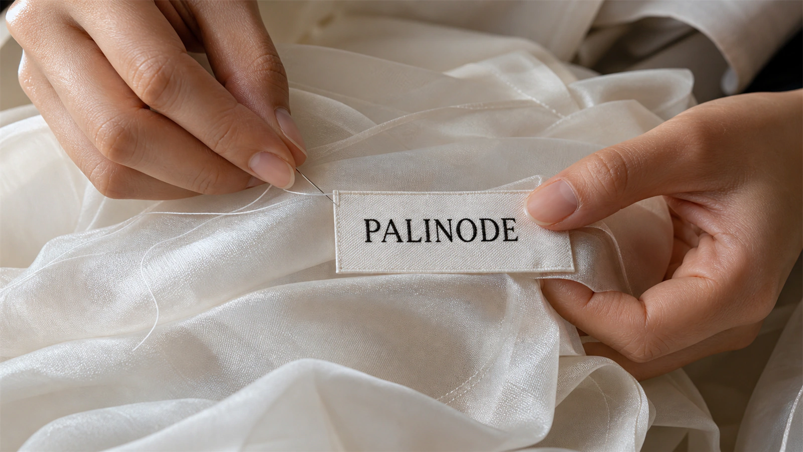PALINODE 직조 라벨을 드레스에 봉제하는 손