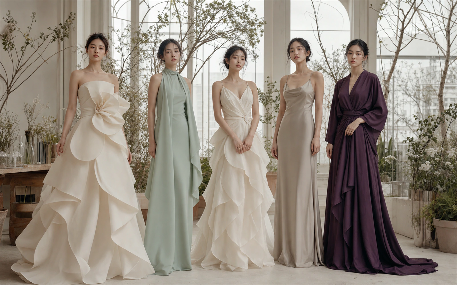 PALINODE HORTUS SCORE 01의 다섯 룩을 입은 모델들