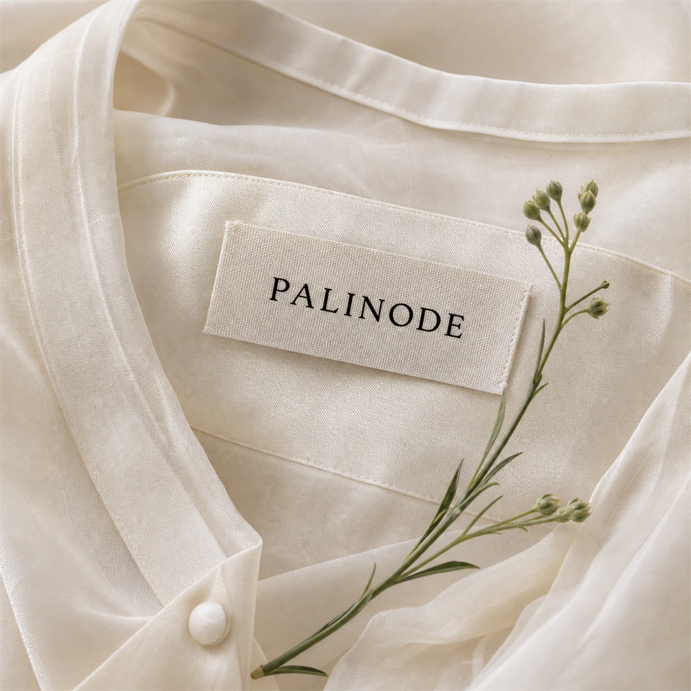 PALINODE 라벨이 놓인 칼릭스 드레스 디테일