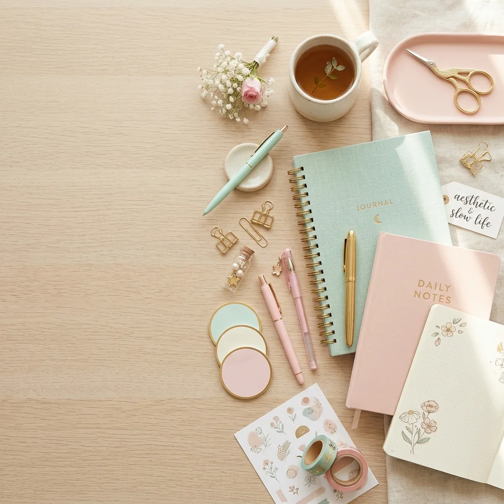Aesthetic stationery flatlay on desk