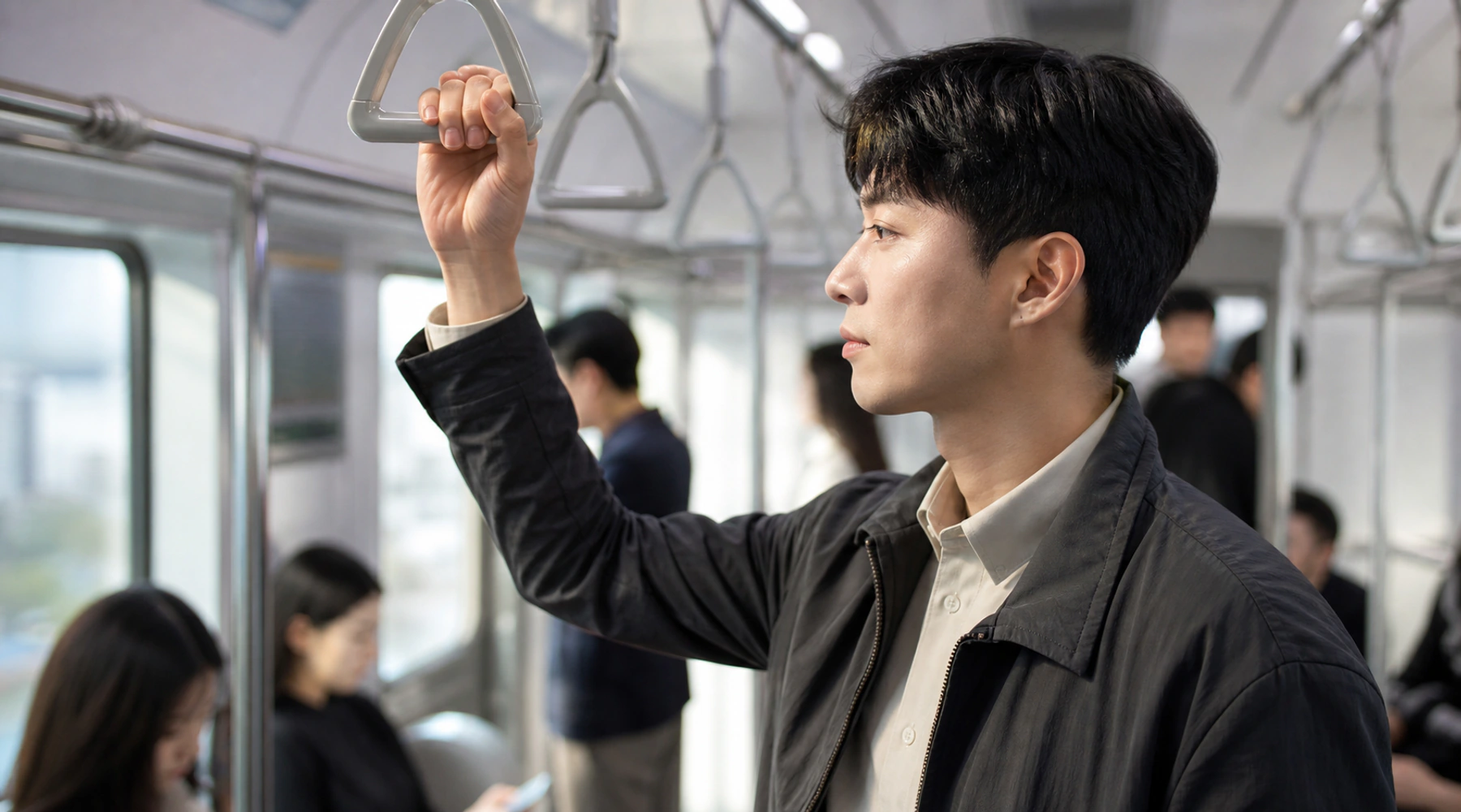 아침 열차 안 손잡이를 잡은 출근길 모델