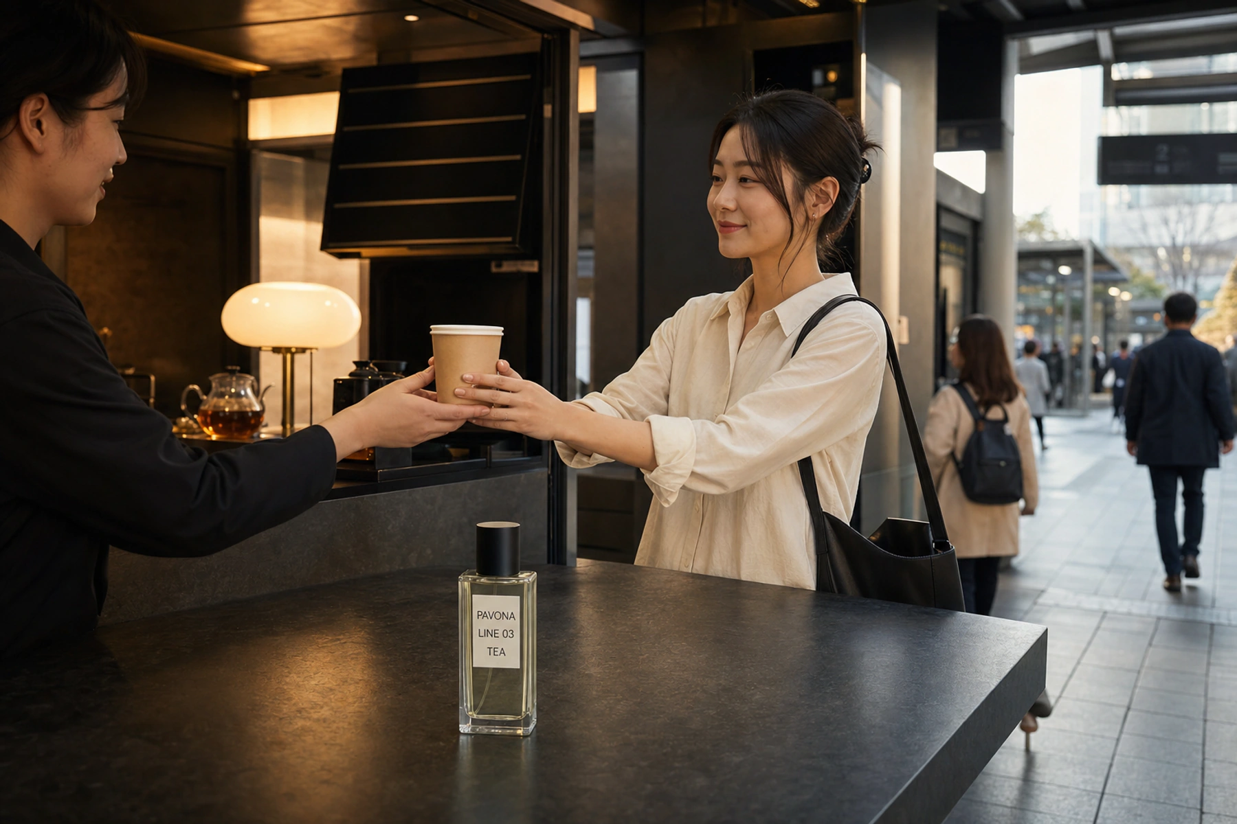 환승 통로의 차 매대와 PAVONA LINE 03 TEA