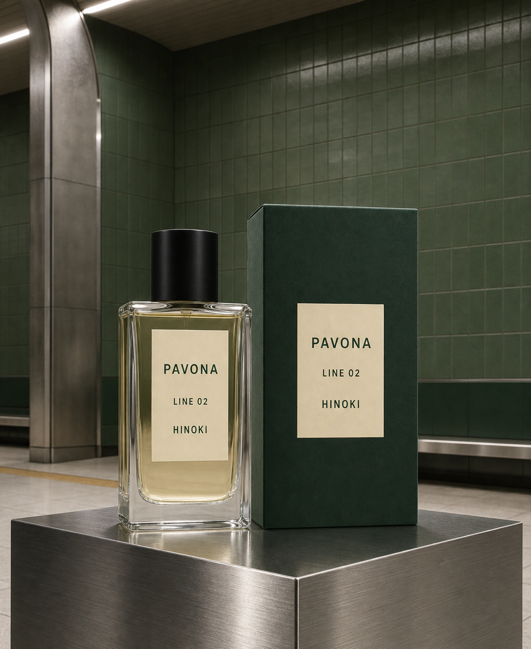 녹색 역 플랫폼 위 PAVONA LINE 02 HINOKI와 상자