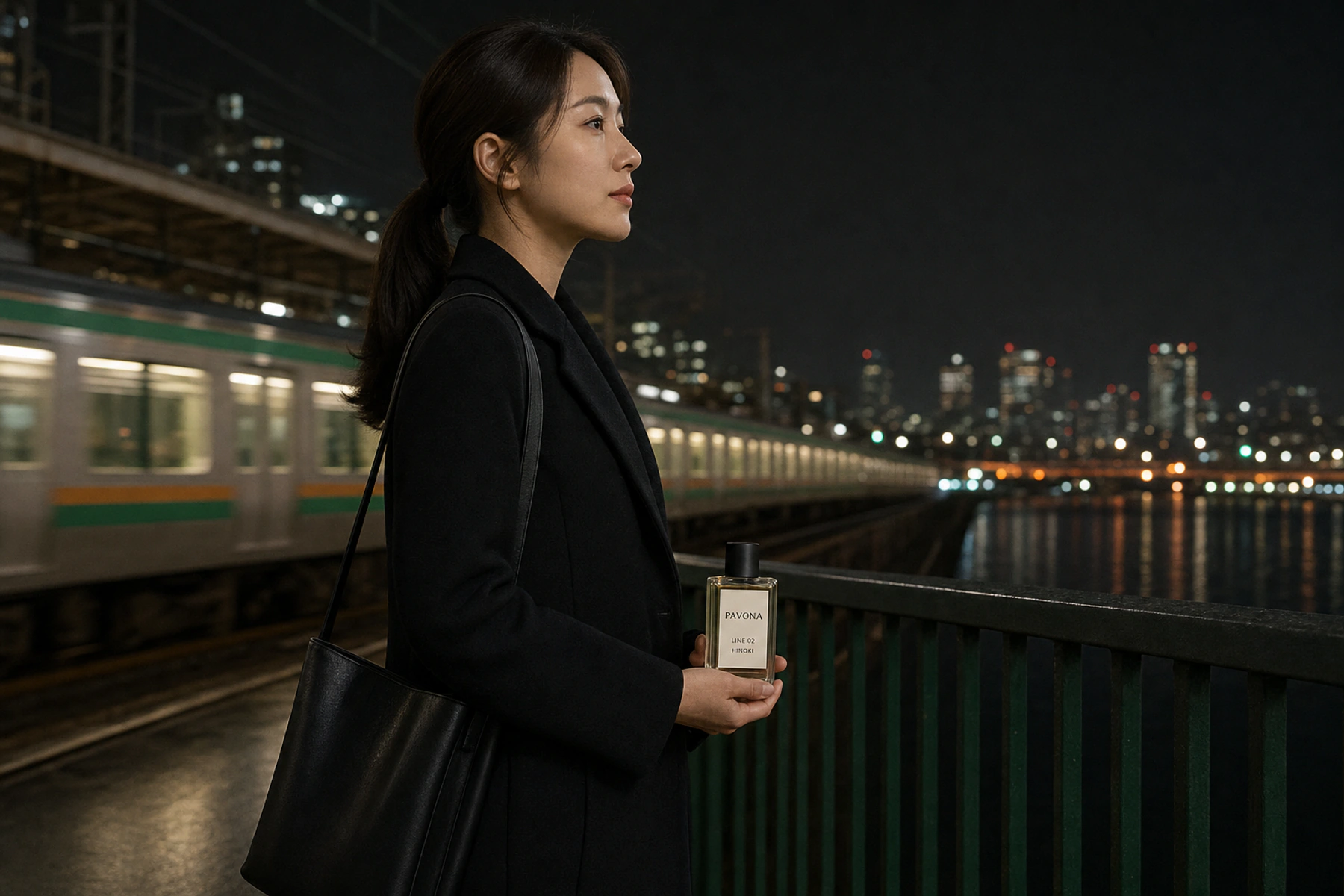 야간 승강장에서 PAVONA HINOKI를 든 모델