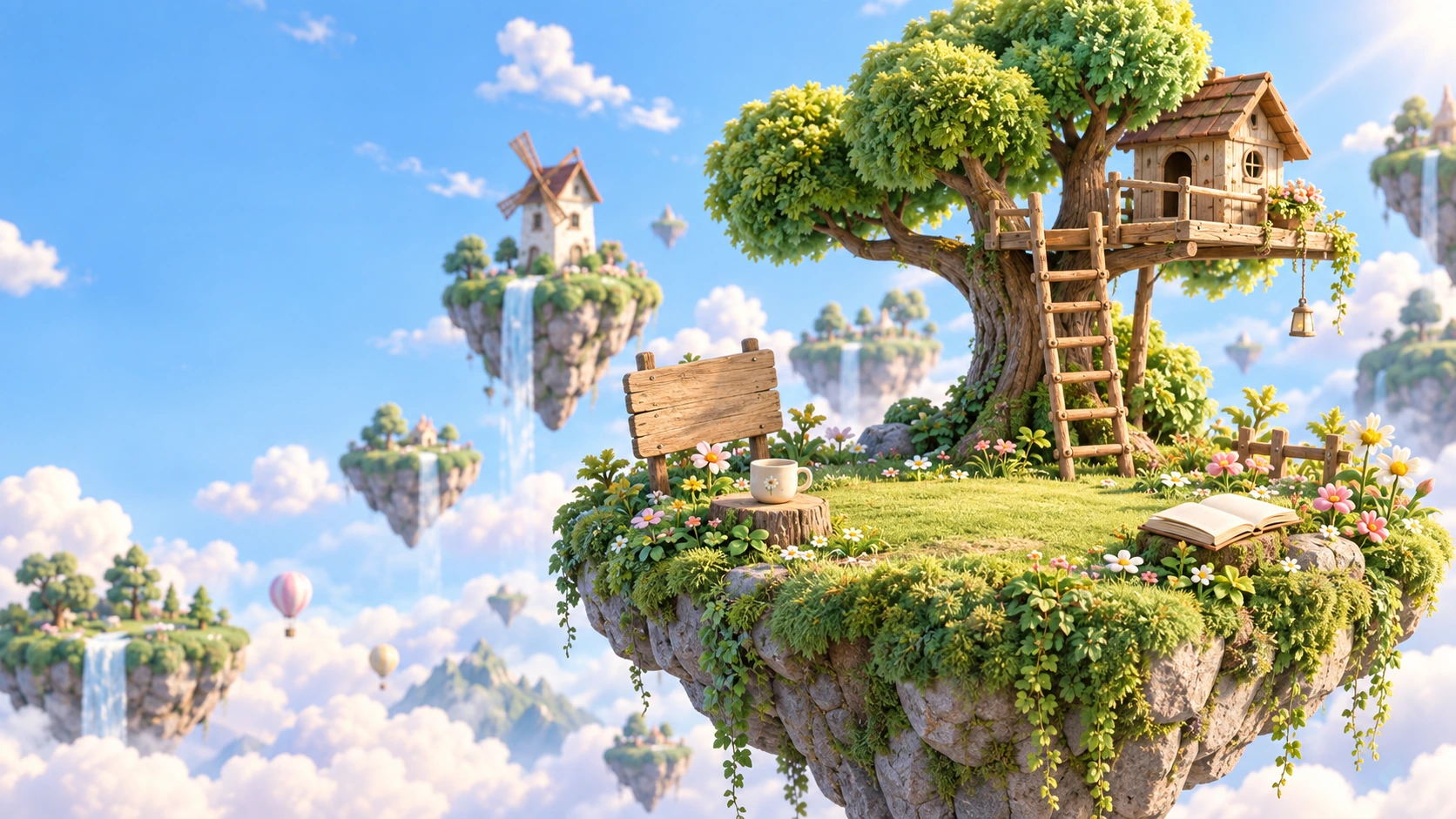 Pommy floating grassy island with a treehouse and soft sky world
